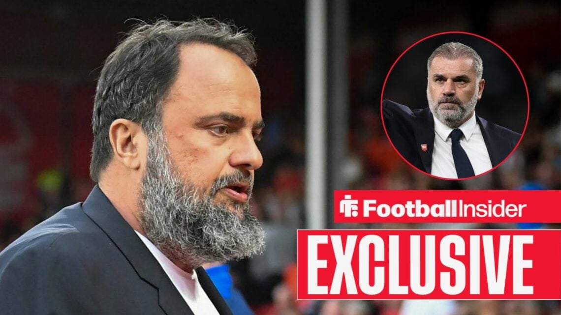 Evangelos Marinakis at the City Ground, with Ange Postecoglou in a circular inset