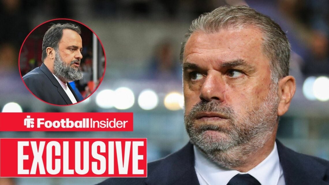Ange Postecoglou next to a circular inset of Evangelos Marinakis
