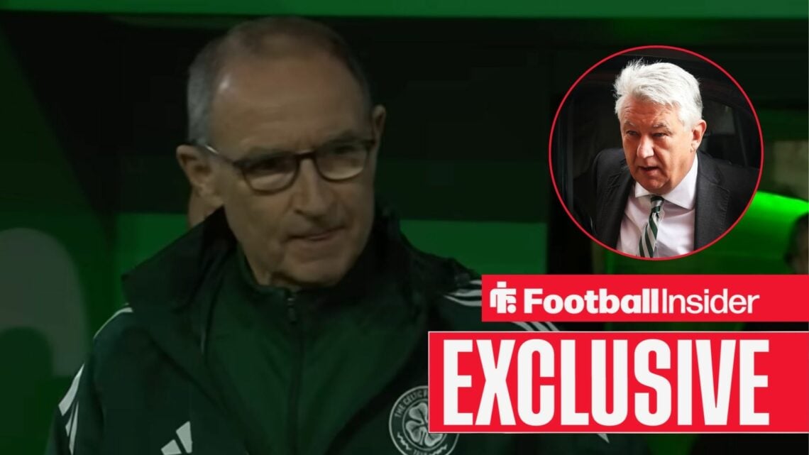 Martin O'Neill walking out of the tunnel at Celtic, with Peter Lawwell in a circular inset