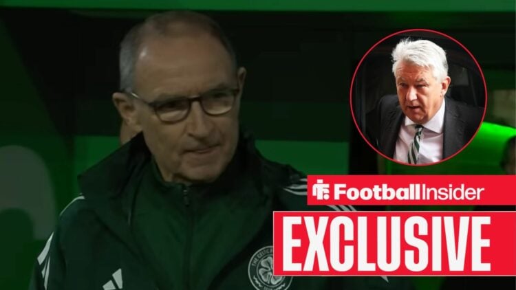 Martin O'Neill walking out of the tunnel at Celtic, with Peter Lawwell in a circular inset