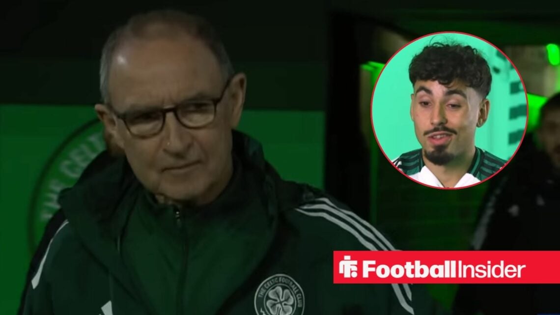 Martin O'Neill looking focused on the left for Celtic and Sebastian Tounetki on the right talking