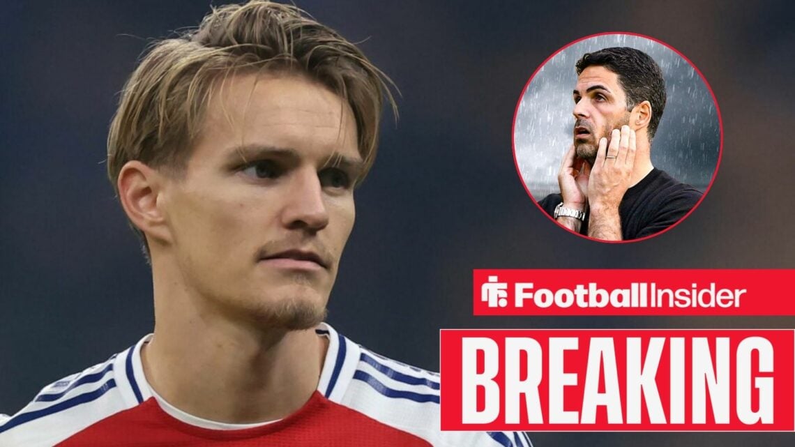Arsenal's Martin Odegaard in action with manager Mikel Arteta annoyed right inset