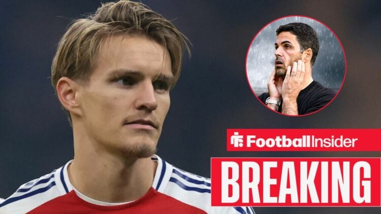 Arsenal's Martin Odegaard in action with manager Mikel Arteta annoyed right inset
