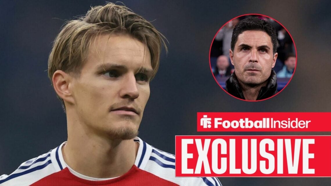 Arsenal's Martin Odegaard in action looking at manager Mikel Arteta right inset