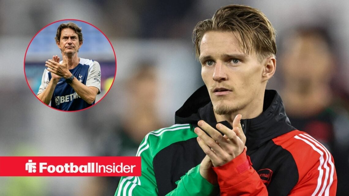 Martin Odegaard clapping in an Arsenal coat, Thomas Frank in a circular inset