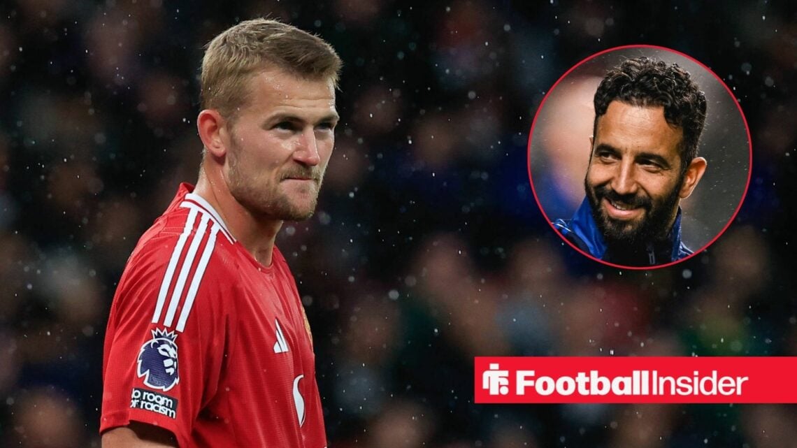 Matthijs de Ligt smiling in a Man United red shirt on the left with Ruben Amorim smiling on the right