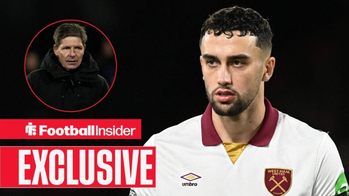Max Kilman playing for West Ham, Oliver Glasner in a circular inset