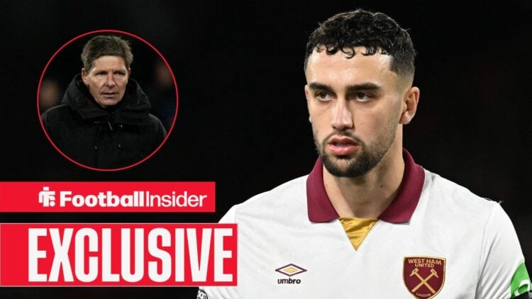 Max Kilman playing for West Ham, Oliver Glasner in a circular inset