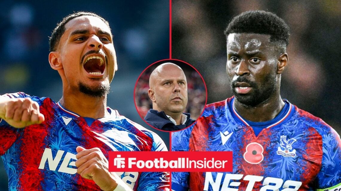Maxence Lacroix and Marc Guehi in action for Crystal Palace, with Arne Slot in a circular inset