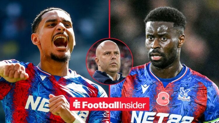 Maxence Lacroix and Marc Guehi in action for Crystal Palace, with Arne Slot in a circular inset