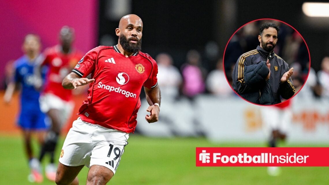 Bryan Mbeumo in action for Manchester United with Ruben Amorim inset