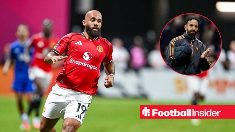 Bryan Mbeumo in action for Manchester United with Ruben Amorim inset