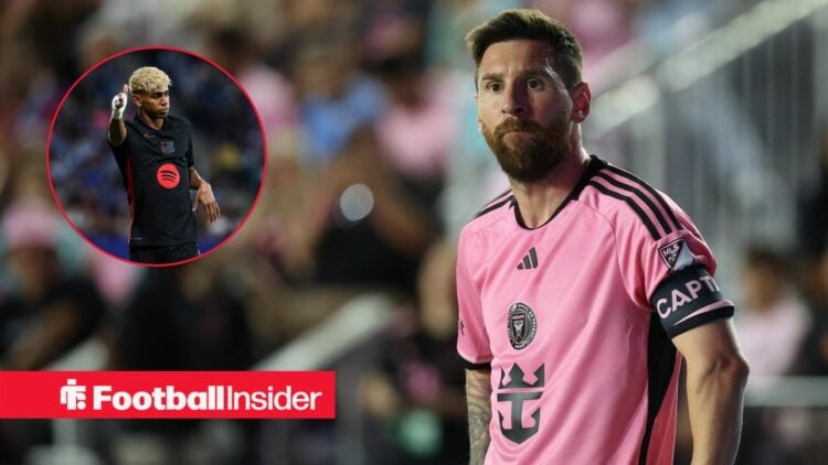 Inter Miami star Lionel Messi with Barcelona's Lamine Yamal inset