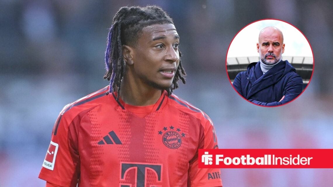 Bayern Munich forward Michael Olise alongside a circular inset of Man City manager Pep Guardiola