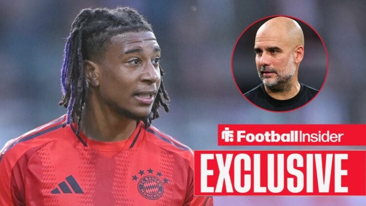 Bayern Munich's Michael Olise in action looking at Man City manager Pep Guardiola who looks back right inset