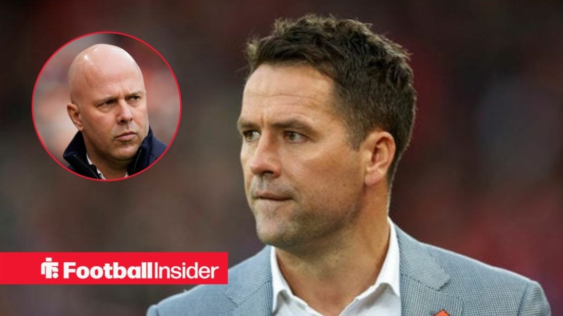 Liverpool striker Michael Owen alongside a circular inset of Arne Slot
