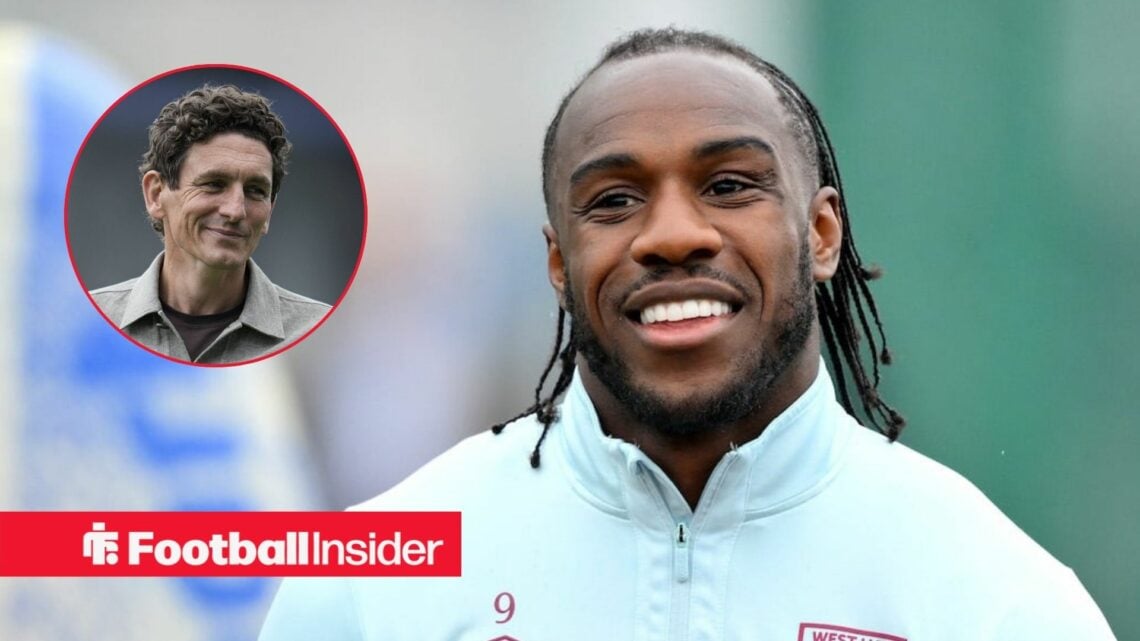 Michail Antonio in training for West Ham, with Keith Andrews in a circular inset