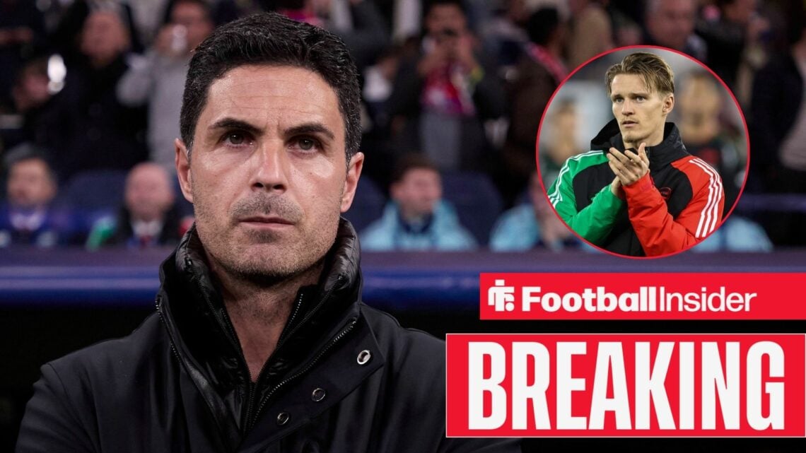 Mikel Arteta on the sidelines, Martin Odegaard in a circular inset