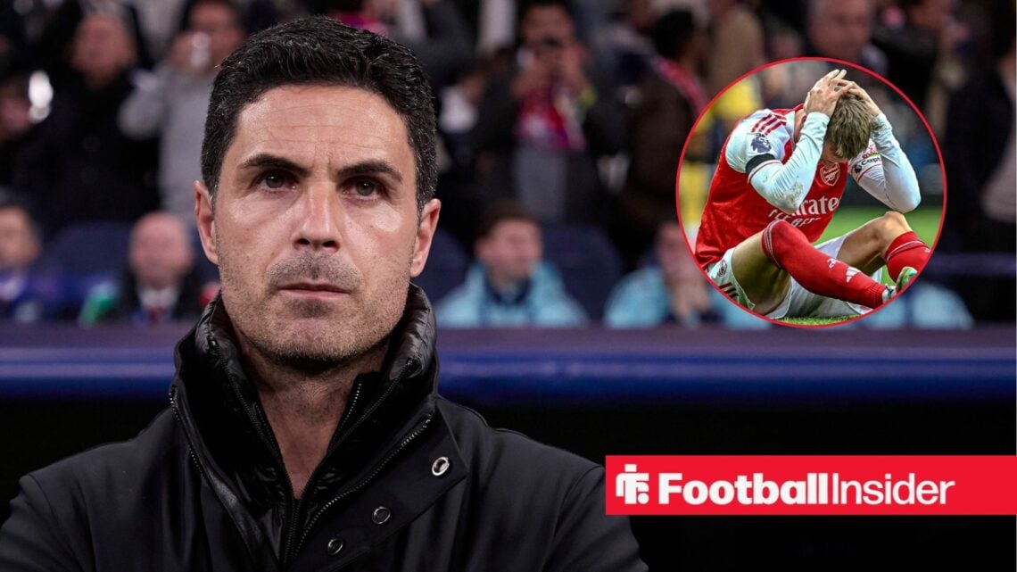 Mikel Arteta deep in thought on the sidelines, Martin Odegaard injured in a circular inset