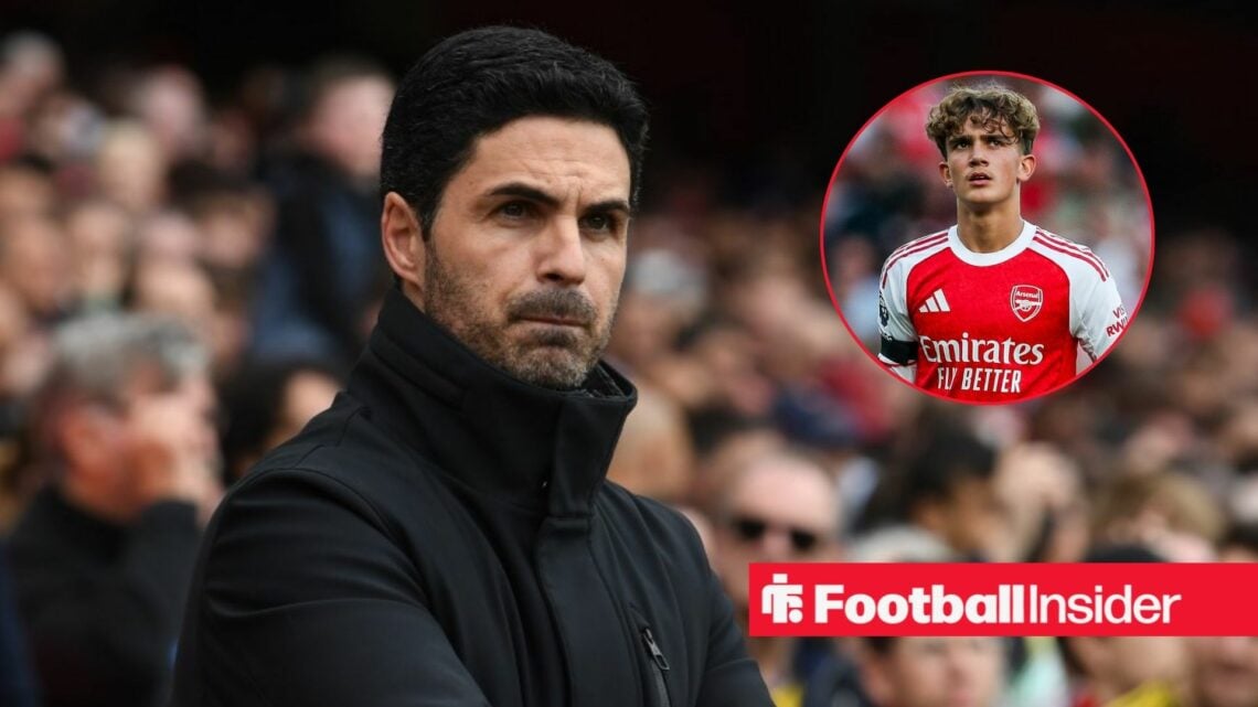 Mikel Arteta looking concerned with Max Dowman included in a circular inset