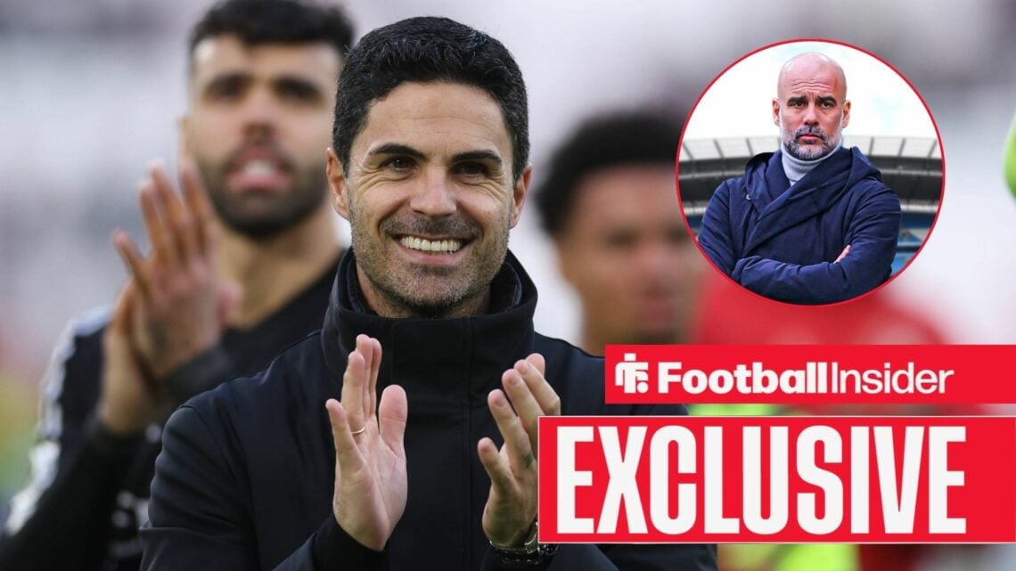 Mikel Arteta clapping with Pep Guardiola included in a circular inset