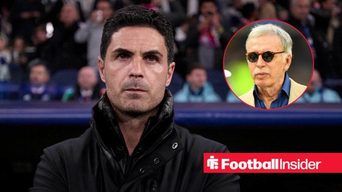 Mikel Arteta looking concerned with Stan Kroenke included in a circular inset