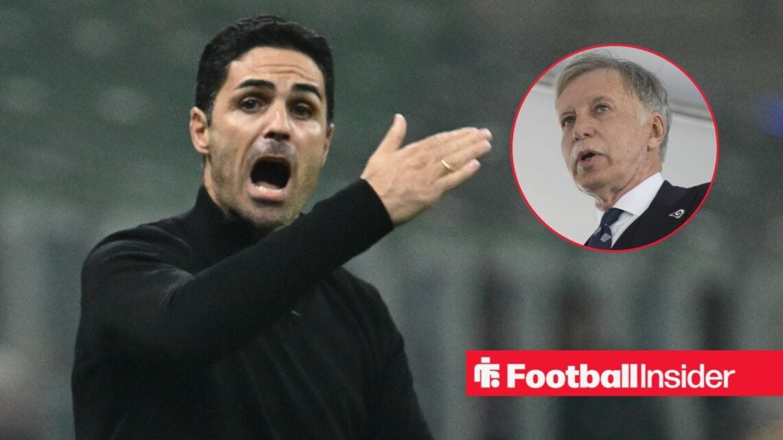 Mikel Arteta looking upset with Stan Kroenke included in a circular inset