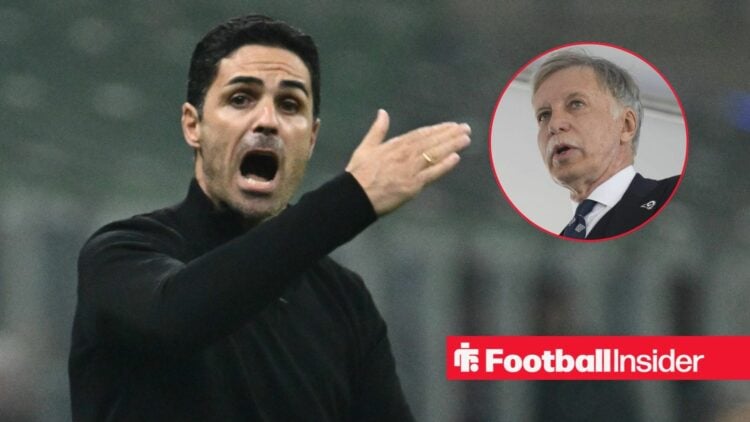 Mikel Arteta looking upset with Stan Kroenke included in a circular inset