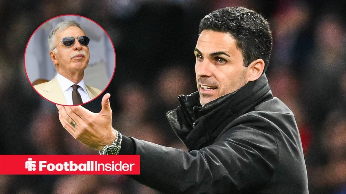 Mikel Arteta looking serious with Stan Kroenke included in a circular inset