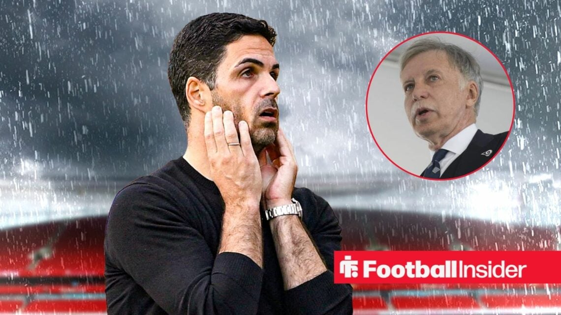 Mikel Arteta looking upset with Stan Kroenke included in a circular inset