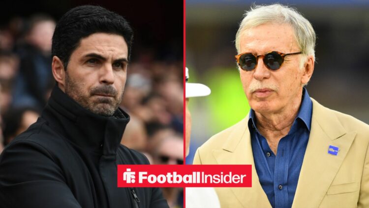 Mikel Arteta looking concerned alongside Stan Kroenke wearing sunglasses