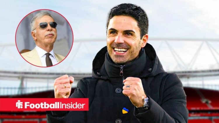 Mikel Arteta looking happy with Stan Kroenke included in a circular inset