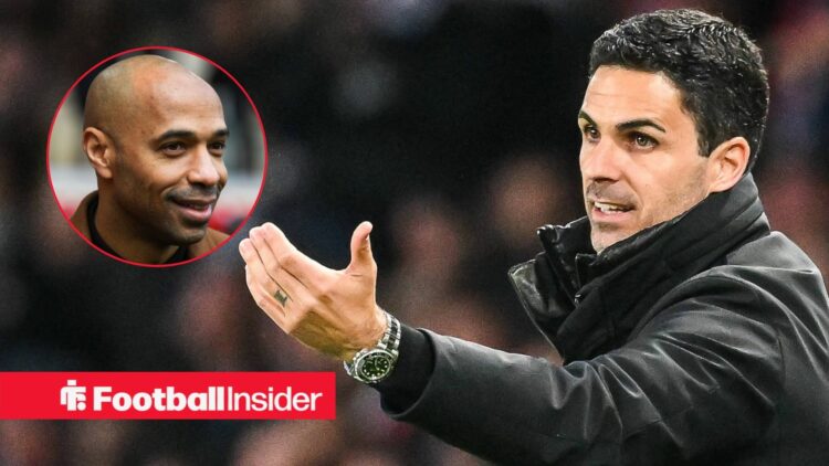 Arsenal manager Mikel Arteta alongside a circular inset of Thierry Henry