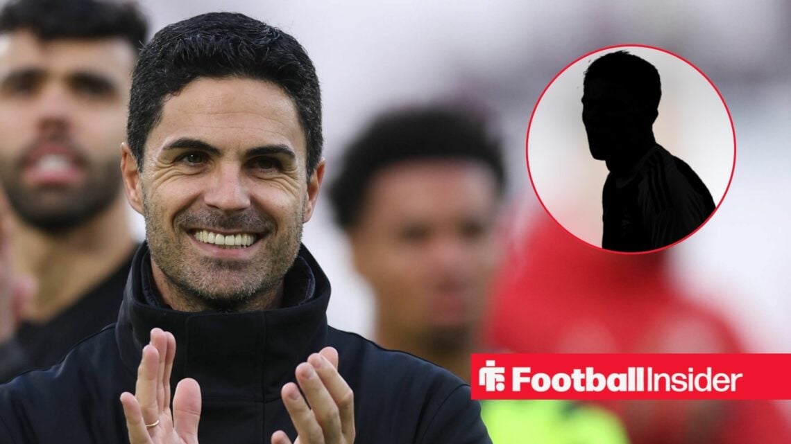 Mikel Arteta clapping, Viktor Gyokeres' silhouette in a circular inset