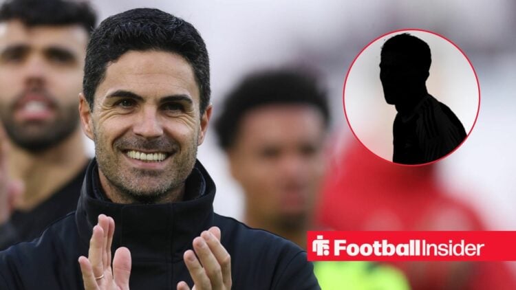 Mikel Arteta clapping, Viktor Gyokeres' silhouette in a circular inset