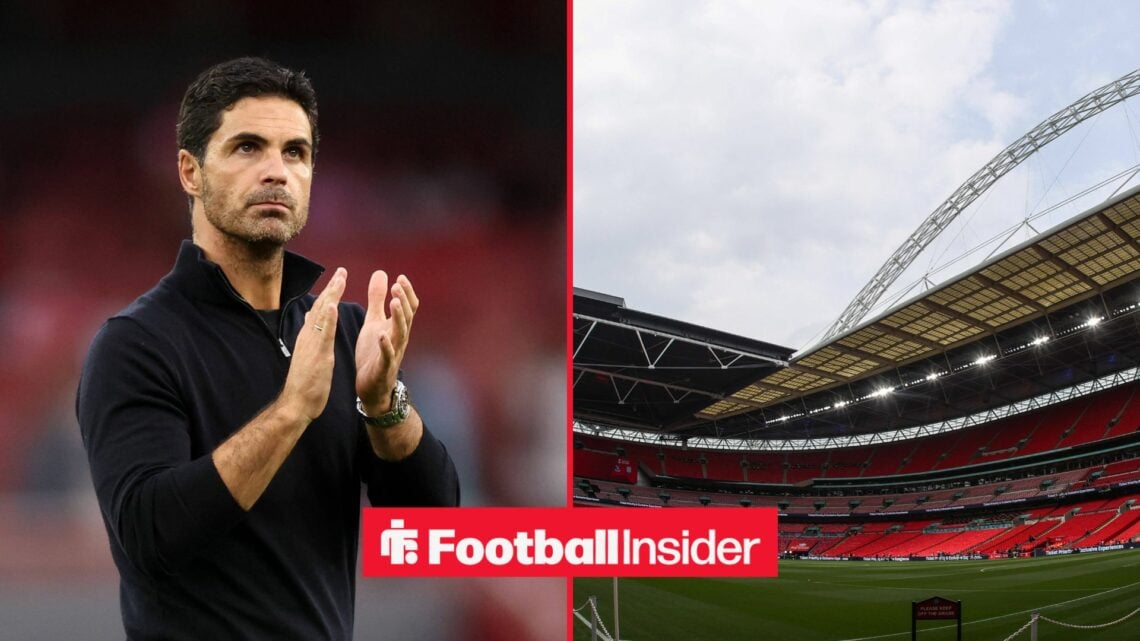 Arsenal manager Mikel Arteta alongside Wembley Stadium