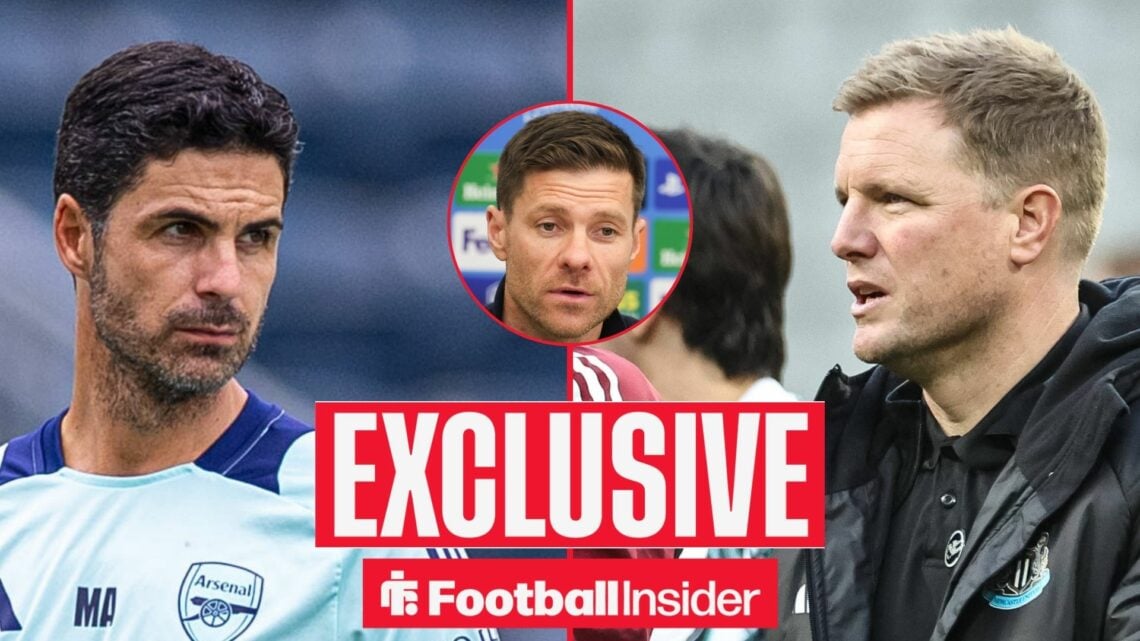 Mikel Arteta staring on the left with Eddie Howe looking serious on the right and Xabi Alonso focused in the middle