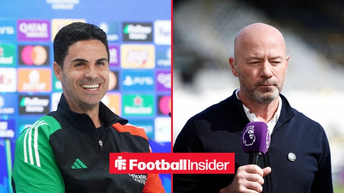 Mikel Arteta smiling next to Alan Shearer holding a microphone