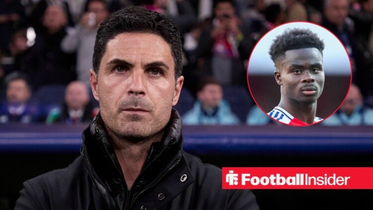 Mikel Arteta looking serious on the left with Arsenal winger Bukayo Saka looking stern on the right