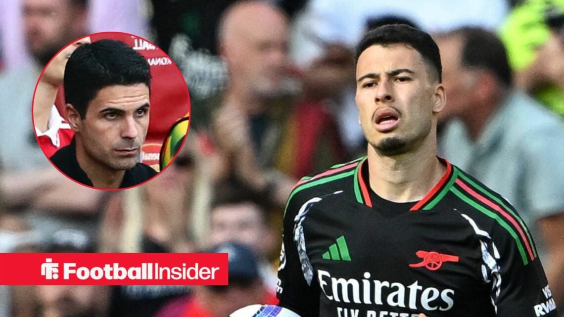 Mikel Arteta looking serious on the left with a panting Gabriel Martinelli on the right