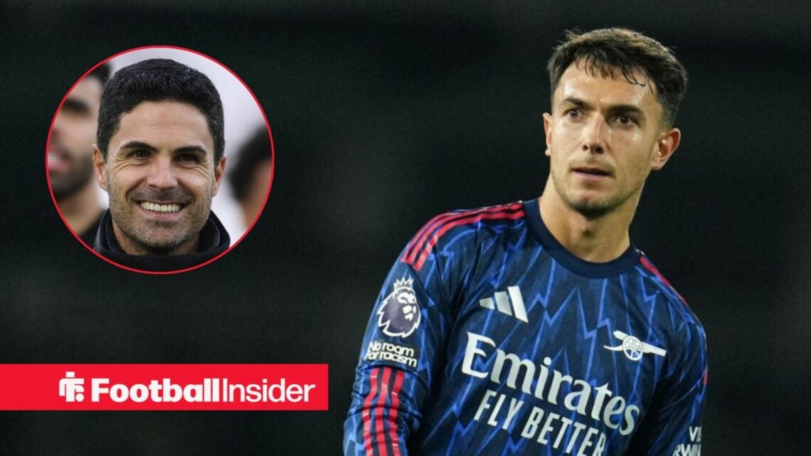 Mikel Arteta smiling on the left with a focused Martin Zubimendi on the right