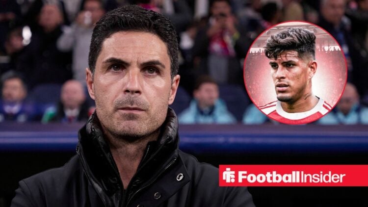 Mikel Arteta looking serious on the left with Piero Hincapie focused in an Arsenal shirt on the right