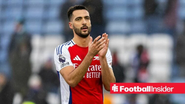 Arsenal midfielder Mikel Merino clapping the fans