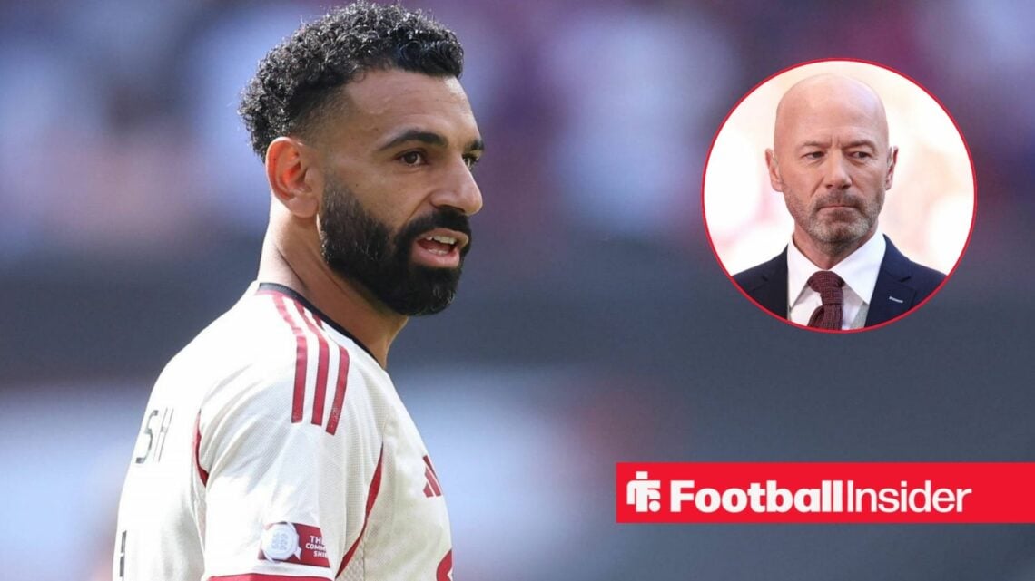Mohamed Salah in a white Liverpool shirt alongside a headshot of Alan Shearer