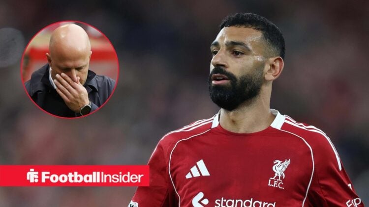 Mohamed Salah in action for Liverpool, with Arne Slot in a circular inset