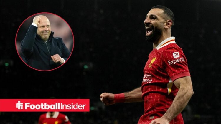 Mohamed Salah celebrating, Arne Slot in a circular inset