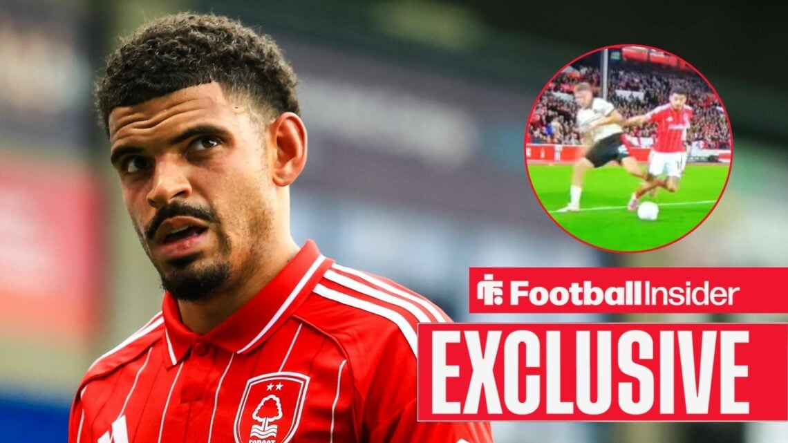 Morgan Gibbs-White in a Nottingham Forest shirt, him being brought down in a circular inset