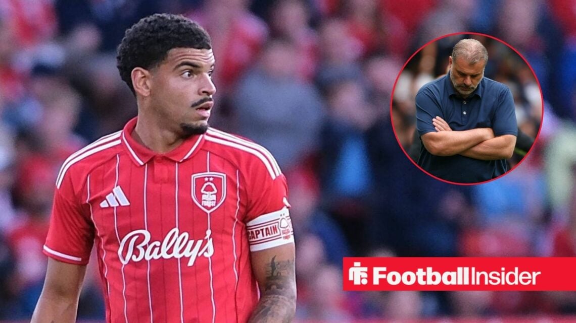 Morgan Gibbs-White in a Nottingham Forest home shirt alongside an image of Ange Postecoglou looking downbeat in a circular frame