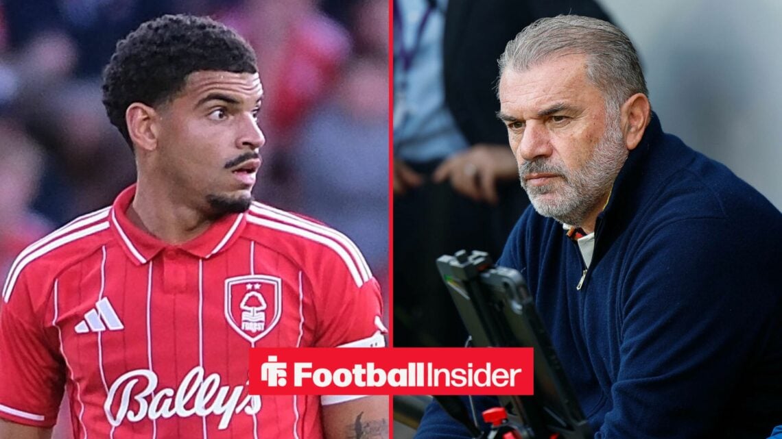 Morgan Gibbs-White in a Nottingham Forest shirt alongside Ange Postecoglou looking concerned