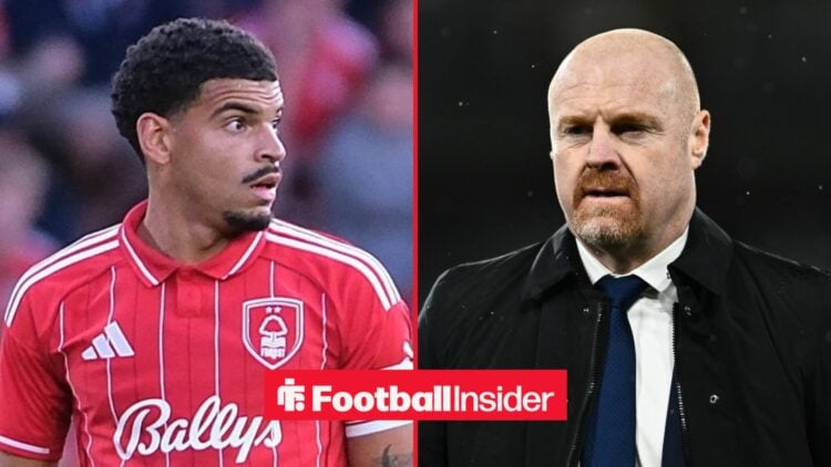Morgan Gibbs-White in action for Nottingham Forest, with Sean Dyche on the sidelines